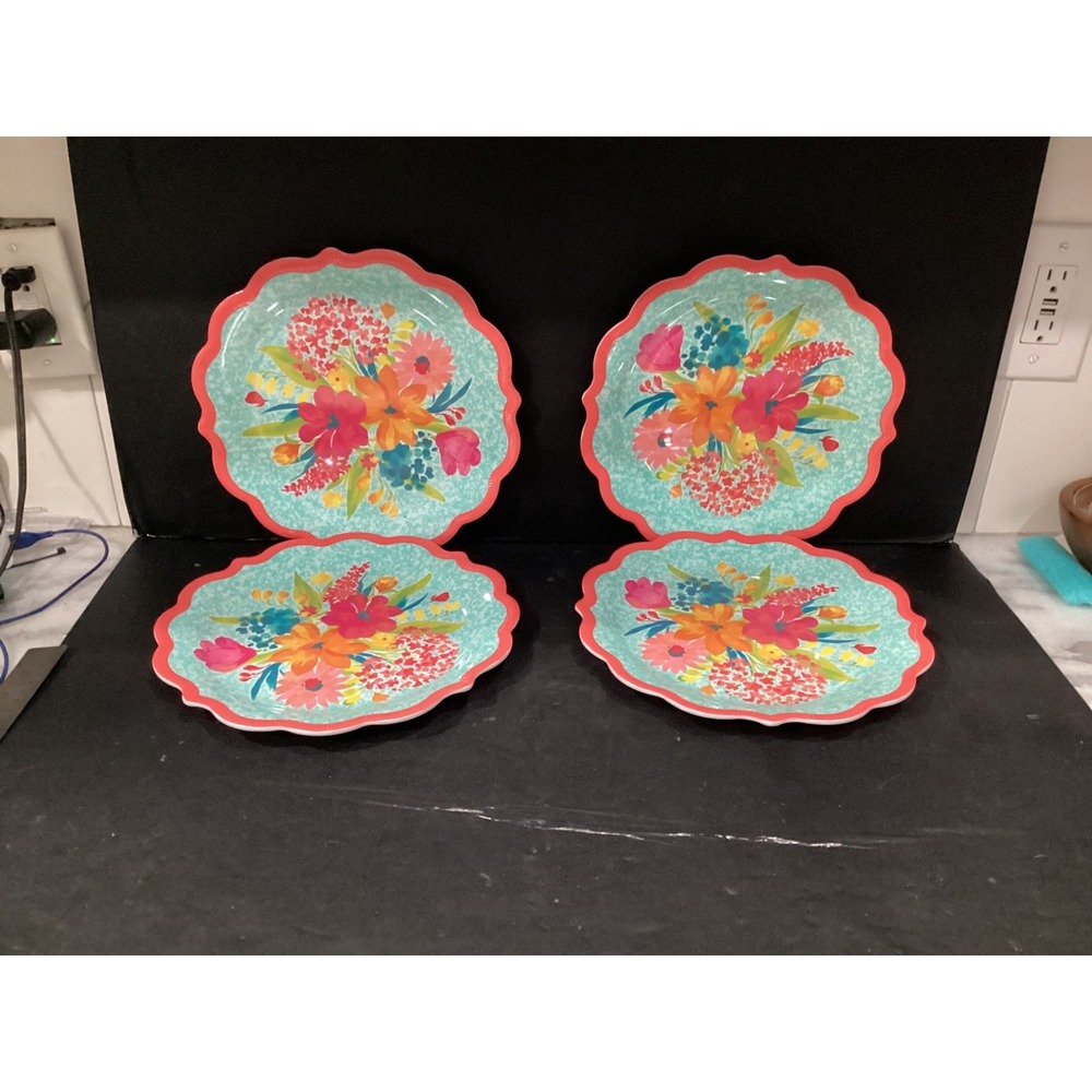 Pioneer Woman 11" Sunny Days Coral Floral Melamine Dinner Plates Set Of 4